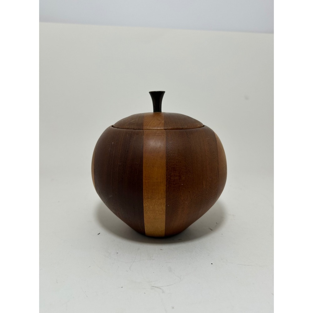 Vintage MCM Hand Turned Mixed Wood Inlay Apple Jar with Lid Brown Striped - Picture 2 of 8